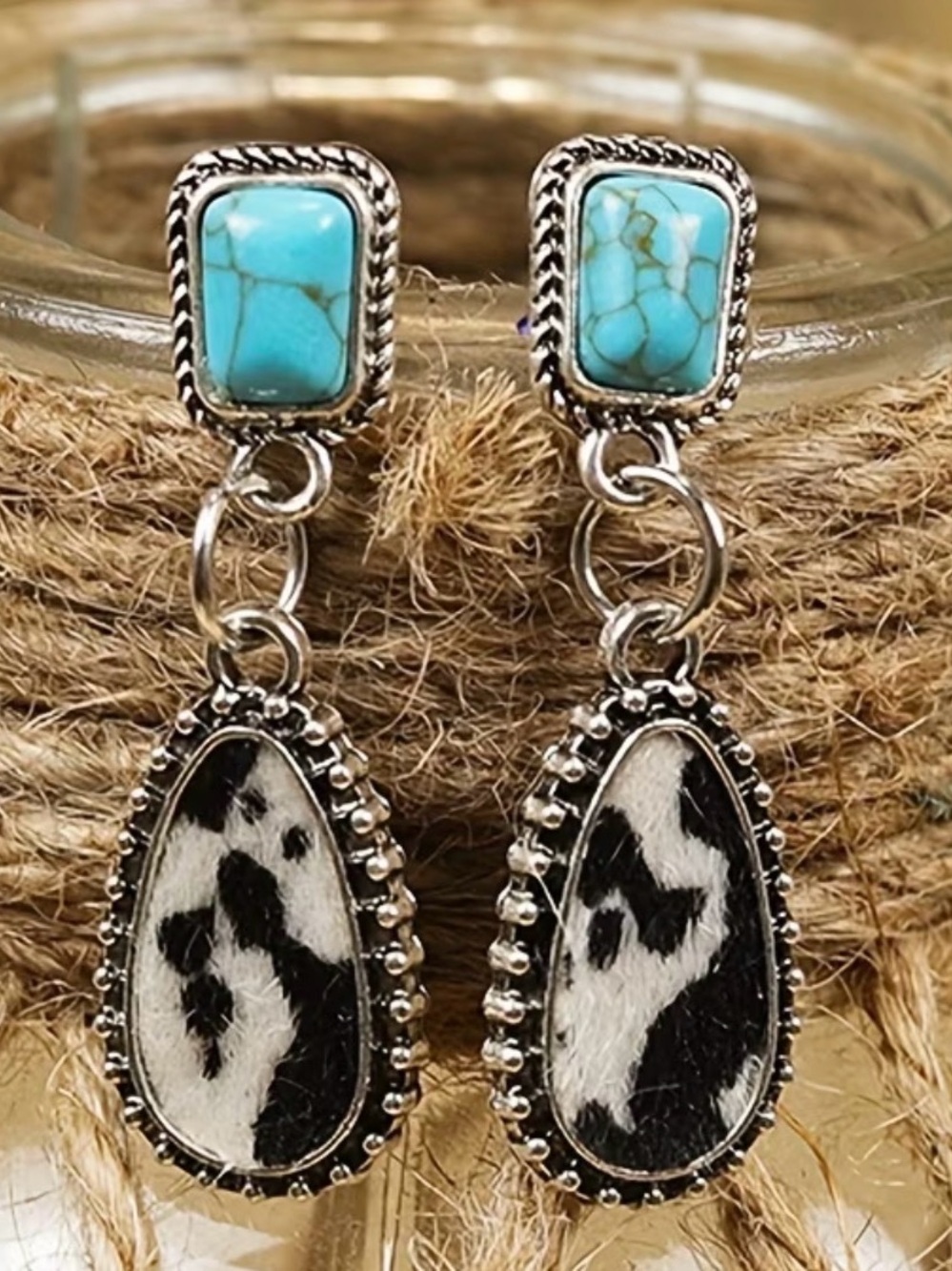 Turquoise & Black Cowhide Teardrop Dangle Earrings